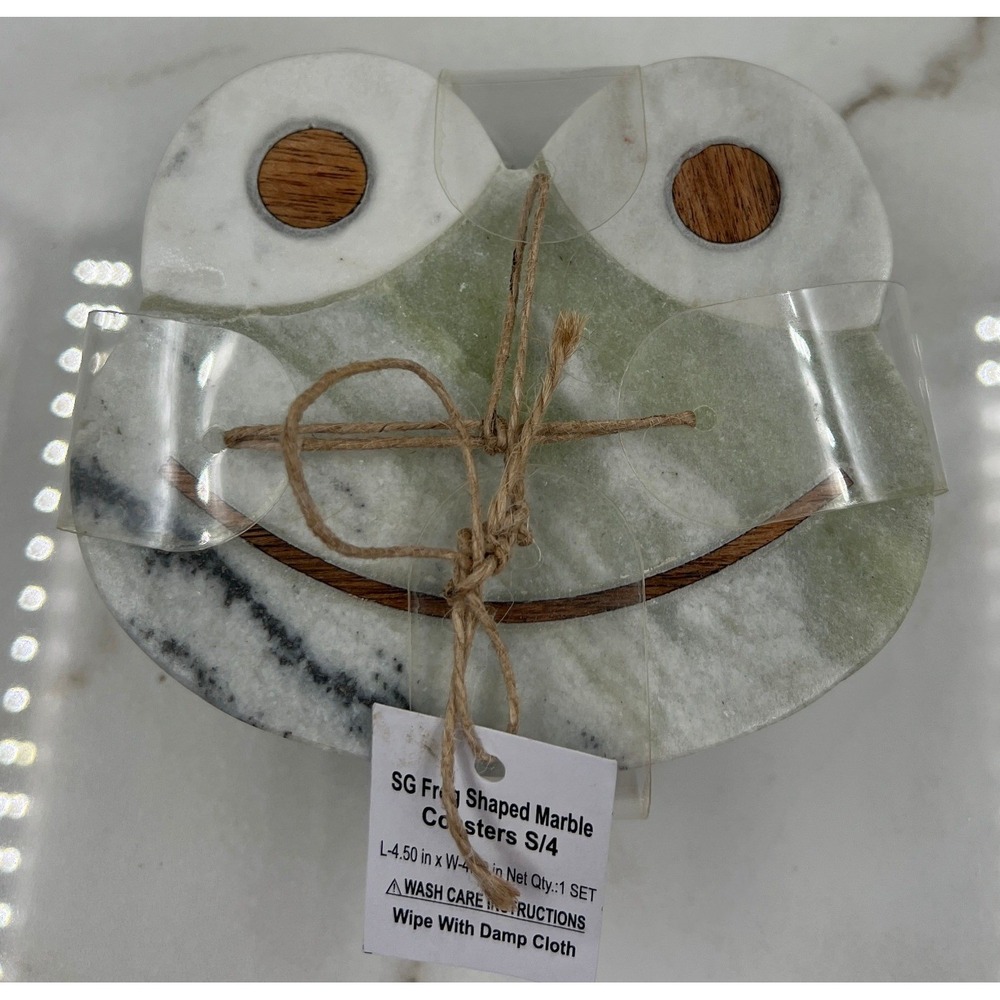 Green Marble Frog Shaped Coasters Set of 4 with Wood Inlay Accents